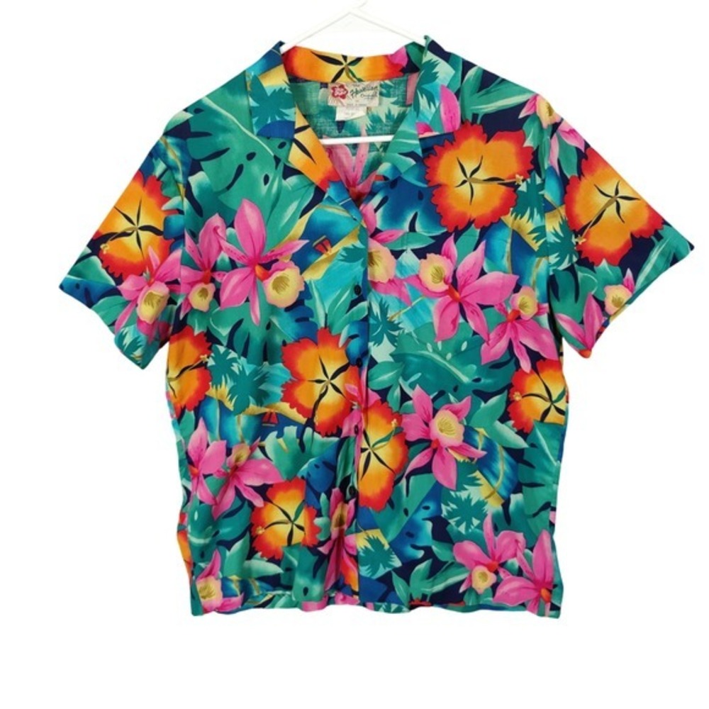 Hilo Hattie Vntg Womens Tropical Hawaiian Shirt M Teal Floral Aloha Button Up